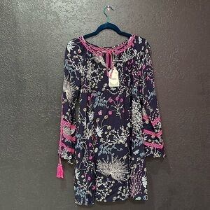 ENTRO Blue Floral Bell Tassel Sleeve DRESS Women’s Size Small NWT